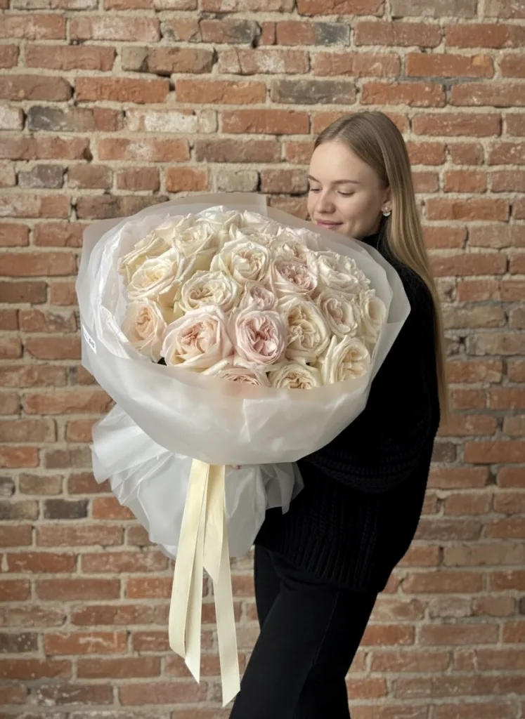 Монобукет з ароматних півонієподібних троянд «White O'Hara» — folia.flowers, квіти у Варшаві